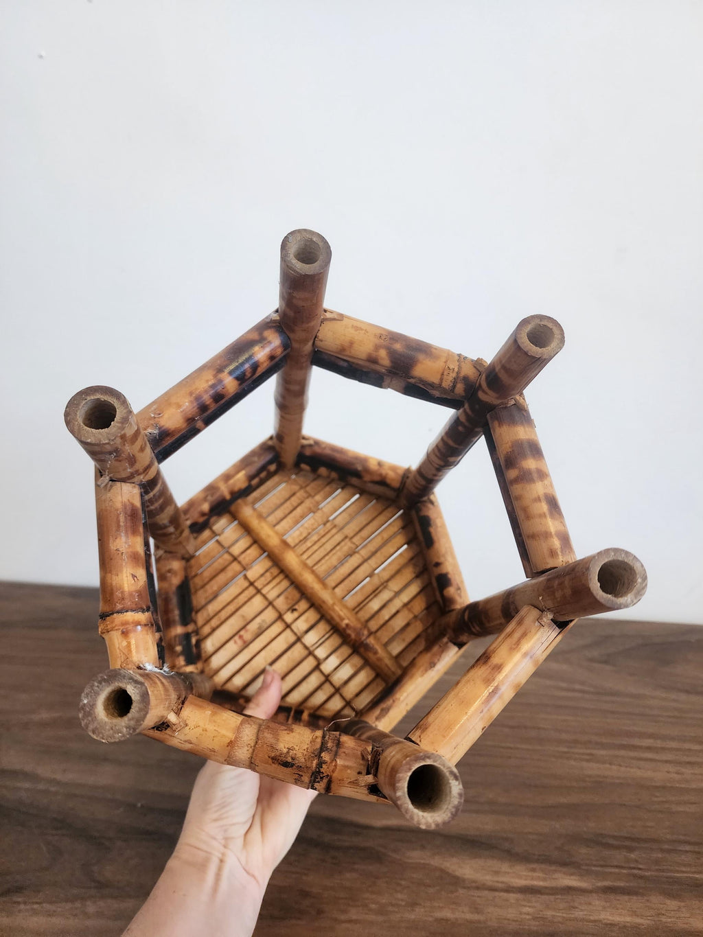 Vintage Tortoise Shell Bamboo Stool, Japanese Burnt Bamboo Riser, Wabi Sabi Display Stand, Organic Modern Boho Home Decor
