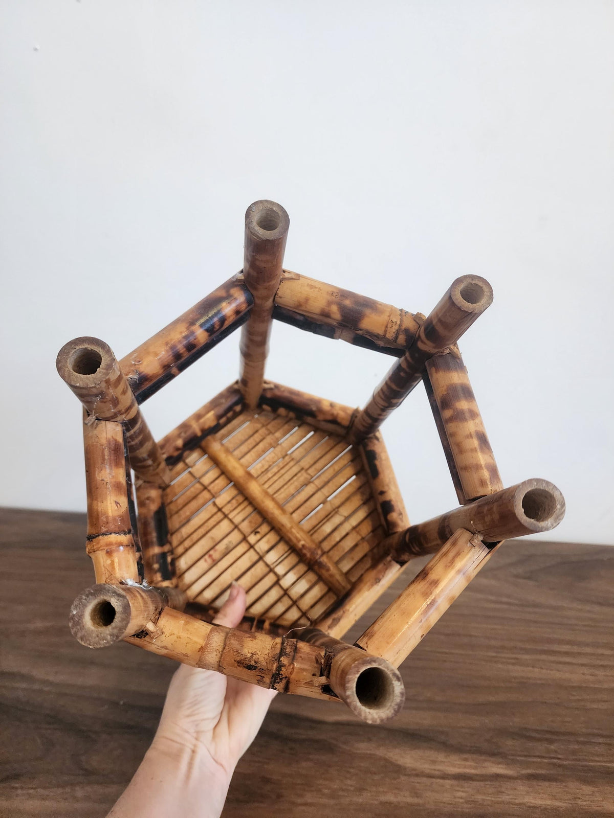 Vintage Tortoise Shell Bamboo Stool, Japanese Burnt Bamboo Riser, Wabi Sabi Display Stand, Organic Modern Boho Home Decor
