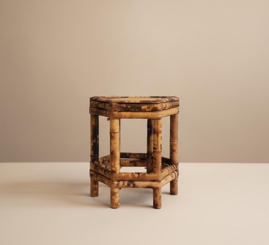 Vintage Tortoise Shell Bamboo Stool, Japanese Burnt Bamboo Riser, Wabi Sabi Display Stand, Organic Modern Boho Home Decor