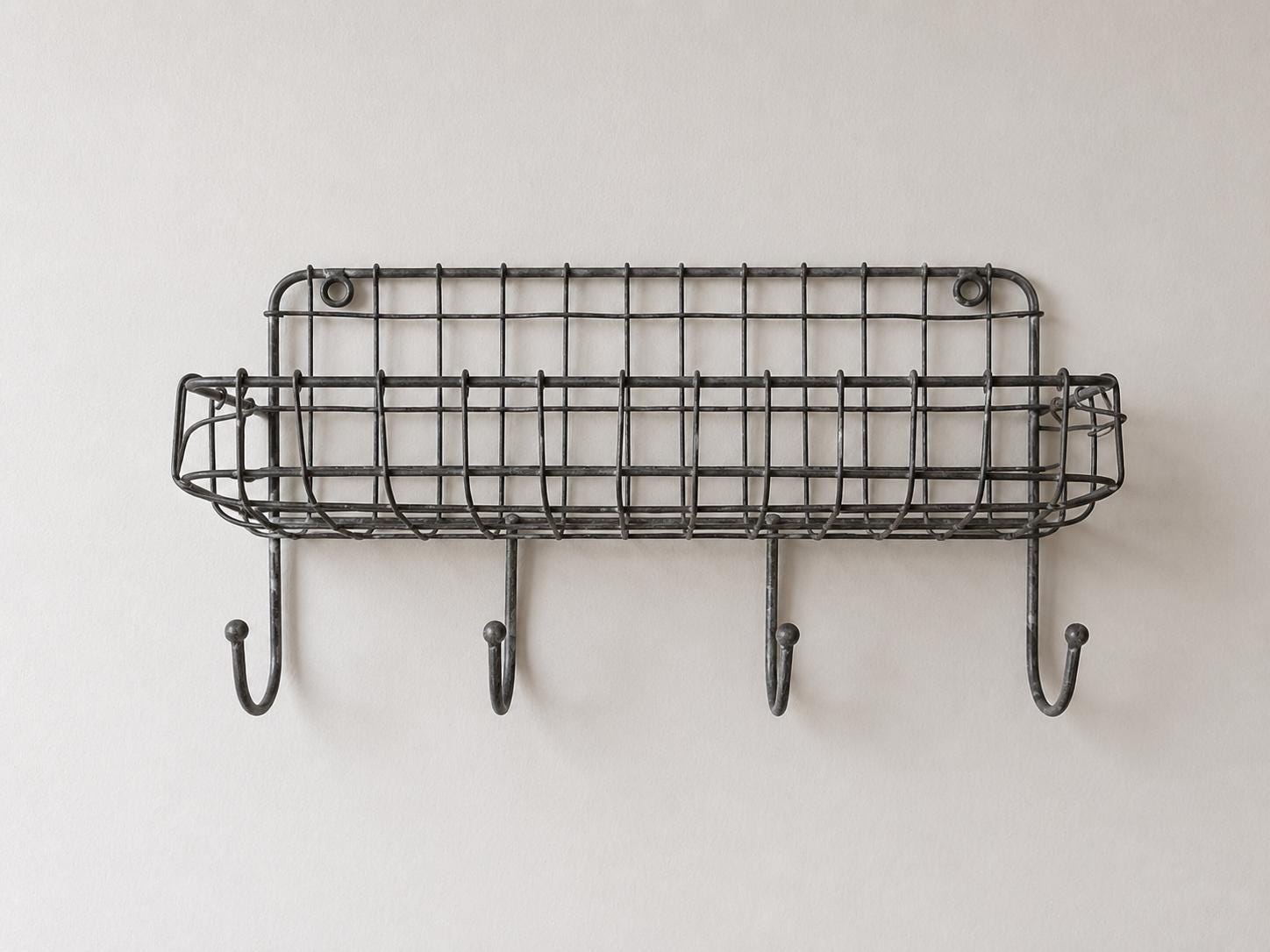 Vintage French Wire Wall Rack Metal Basket Coat Hooks Rustic Kitchen Bathroom Storage Organizer