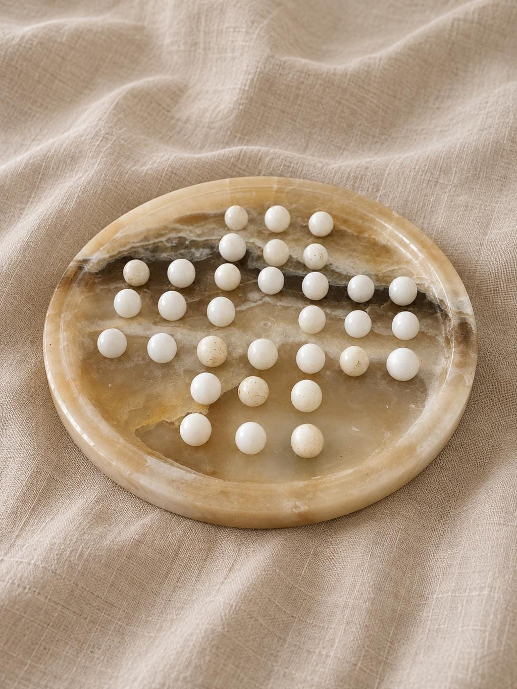 Vintage Onyx Marble Solitaire Board Game | Mid Century Stone Peg Solitaire | Natural Stone Puzzle Decor