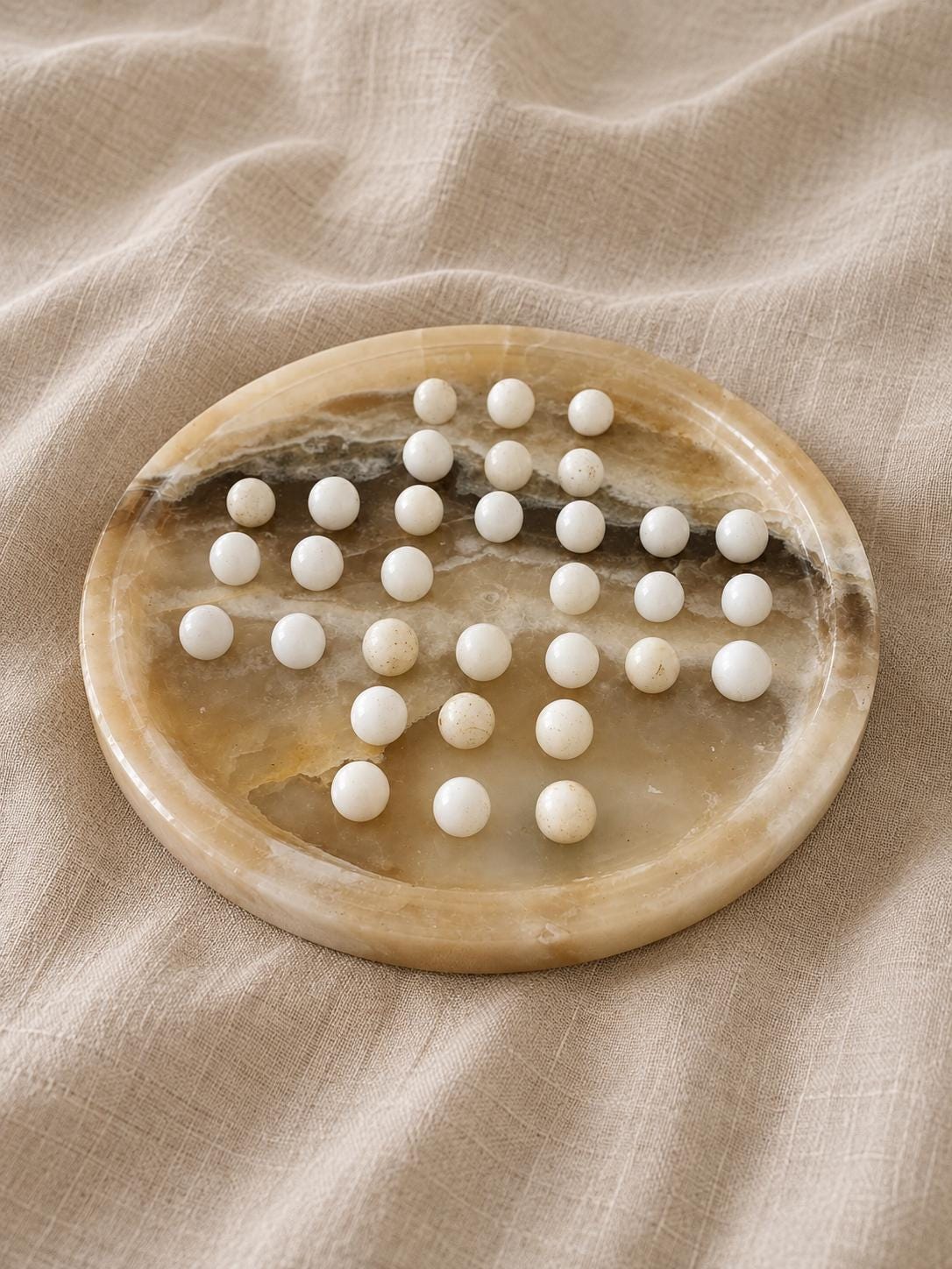Vintage Onyx Marble Solitaire Board Game | Mid Century Stone Peg Solitaire | Natural Stone Puzzle Decor