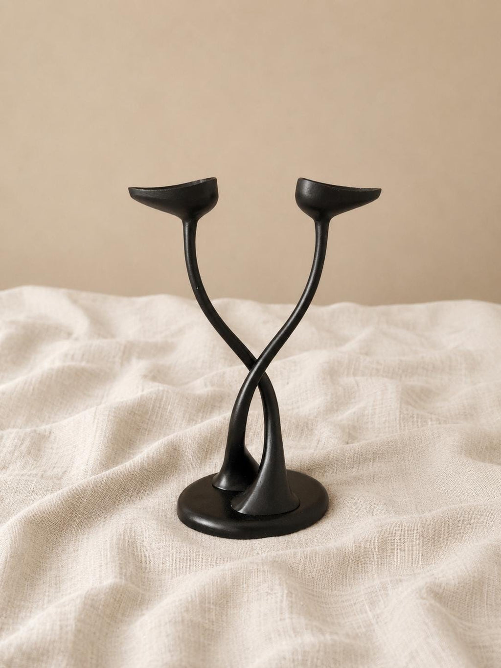 Black Metal Sculptural Candle Holder, Welch Stamped Double Arm Candlestick, Heavy Modernist Centerpiece, MCM Black Decor