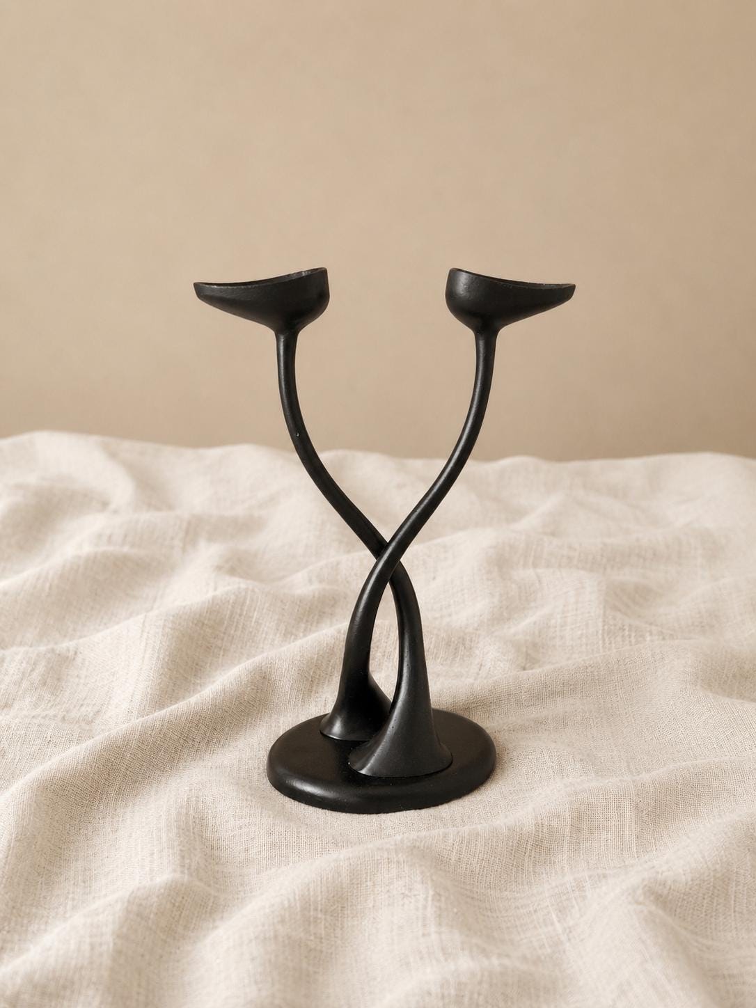 Black Metal Sculptural Candle Holder, Welch Stamped Double Arm Candlestick, Heavy Modernist Centerpiece, MCM Black Decor