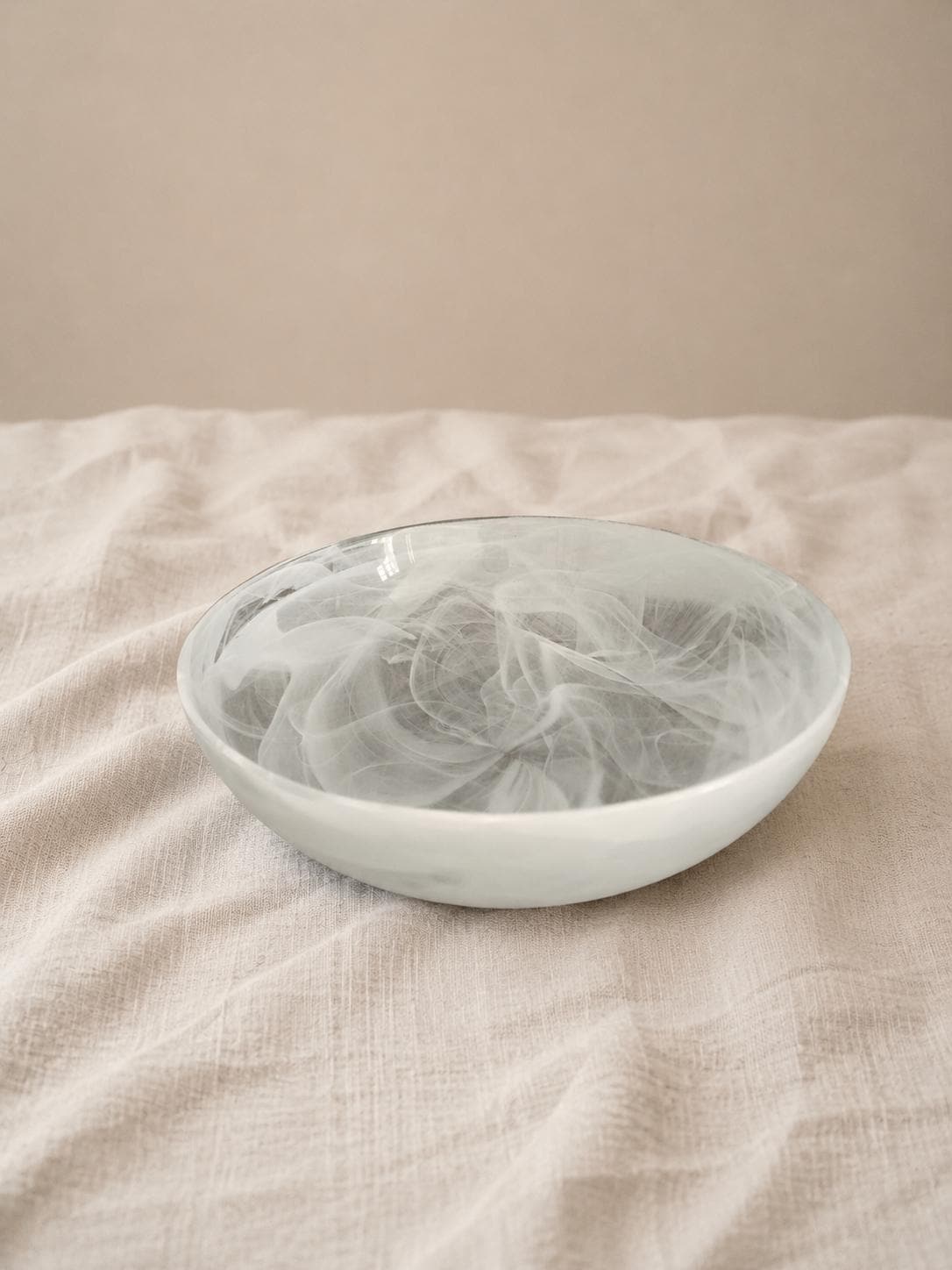 Vintage Swirled Glass Bowl White Smoke Pattern Centerpiece 11" (28cm) Decorative Heavy Art Glass Bowl Modern Minimalist Home Decor