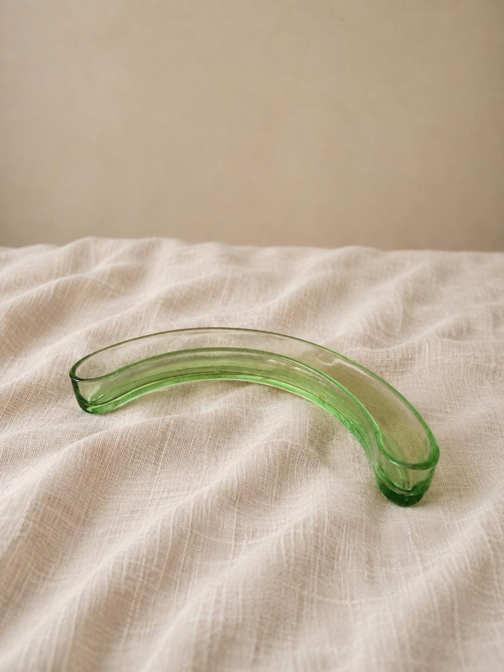 Vintage Green Glass Crescent Olive Dish, Mid Century Curved Glass Bowl, Retro Serving Tray, Art Deco Tableware