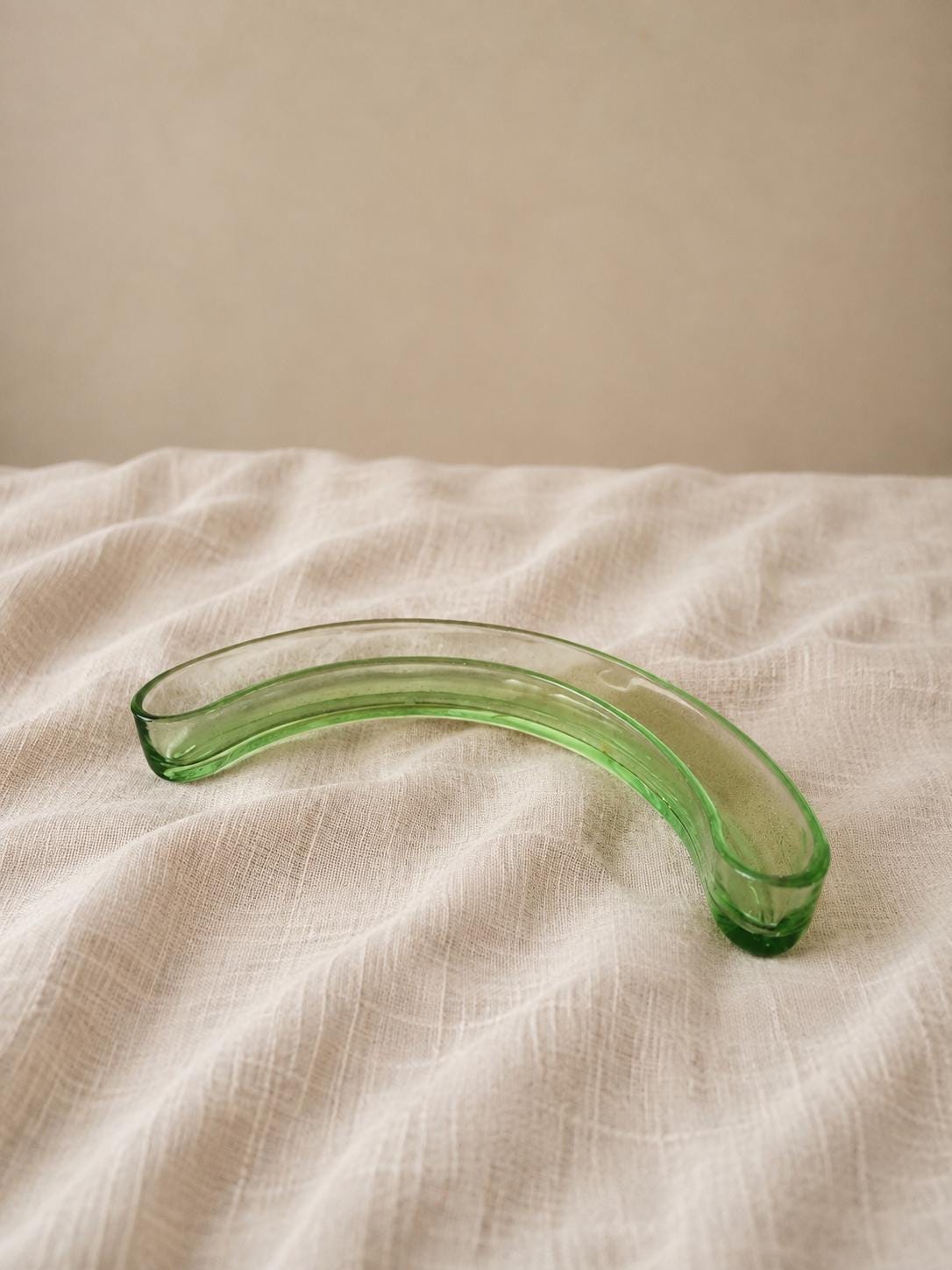 Vintage Green Glass Crescent Olive Dish, Mid Century Curved Glass Bowl, Retro Serving Tray, Art Deco Tableware