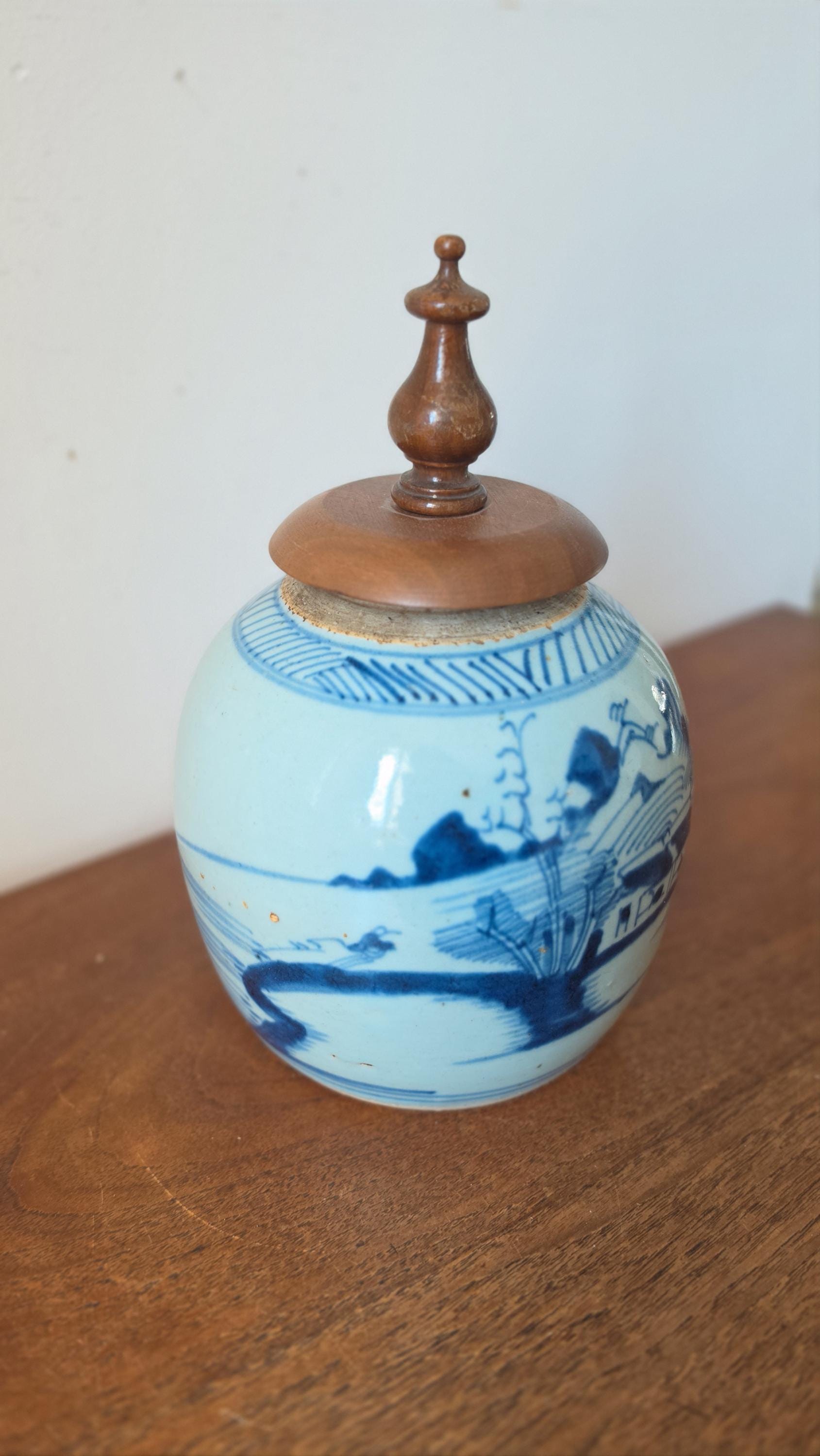 19th Century Qing Dynasty Ginger Jar Blue & White Chinese Porcelain Antique Tea Caddy Covered Jar Chinoiserie Decor