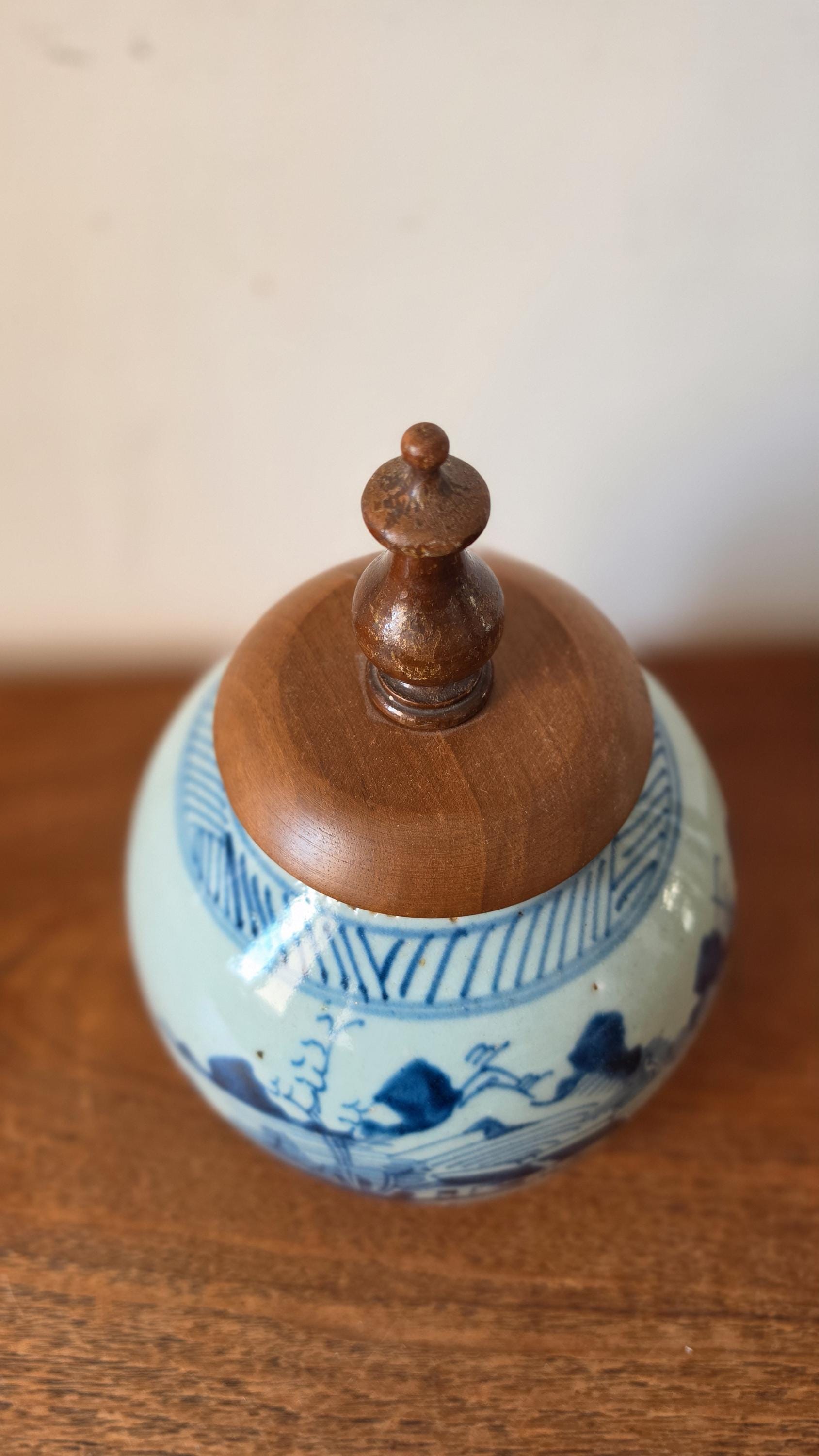 19th Century Qing Dynasty Ginger Jar Blue & White Chinese Porcelain Antique Tea Caddy Covered Jar Chinoiserie Decor