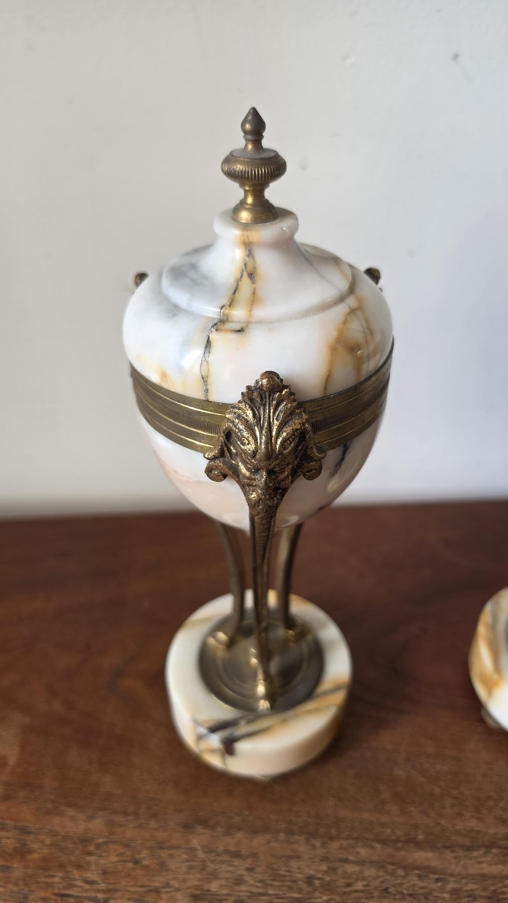 Pair Antique French Marble & Bronze Urns Neoclassical Cassolettes Empire Garniture Mantel Decor Lidded Decorative Urns