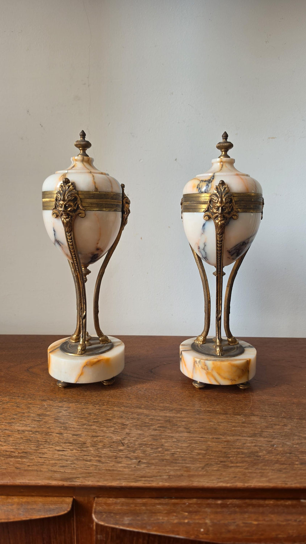 Pair Antique French Marble & Bronze Urns Neoclassical Cassolettes Empire Garniture Mantel Decor Lidded Decorative Urns