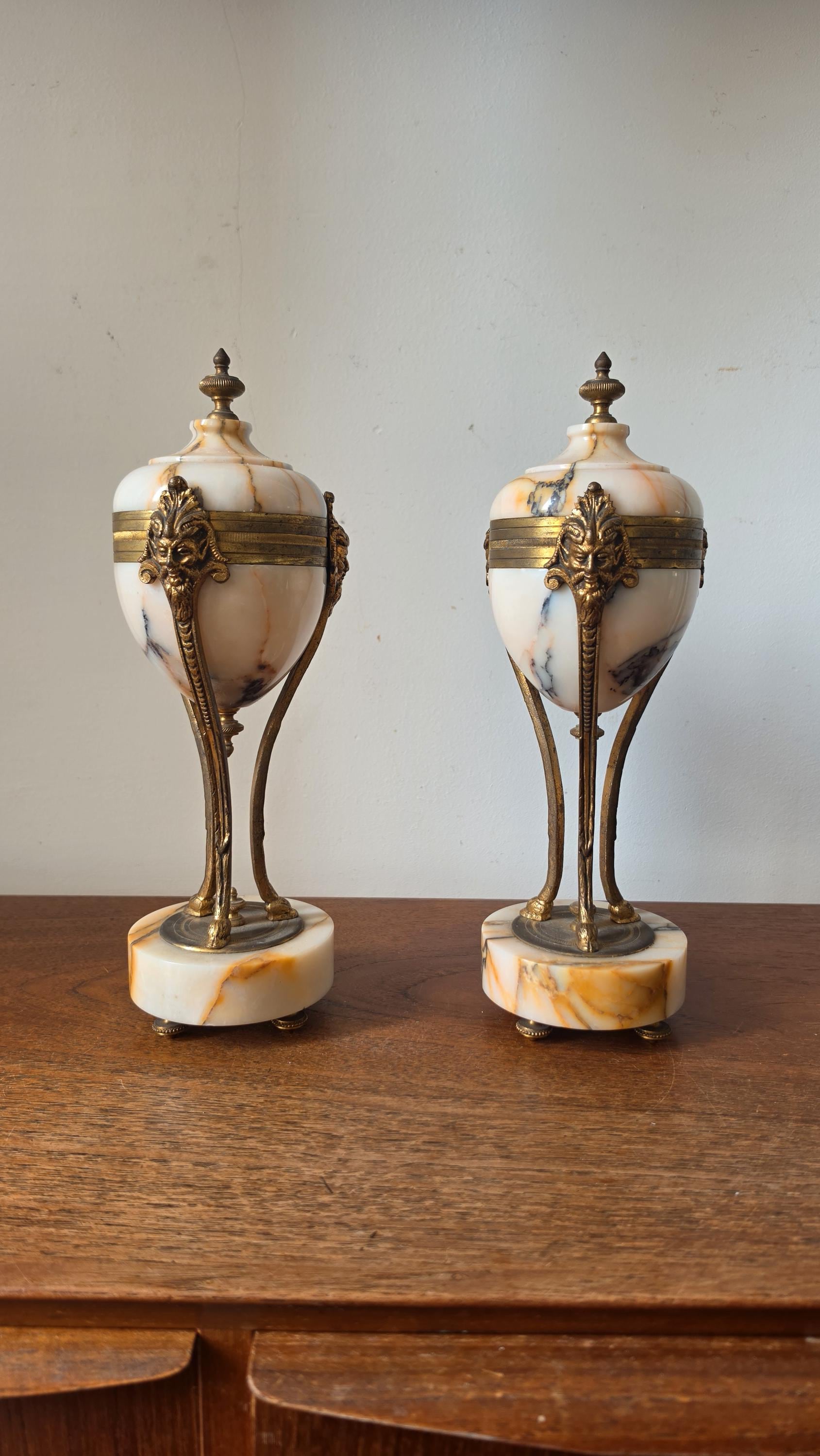 Pair Antique French Marble & Bronze Urns Neoclassical Cassolettes Empire Garniture Mantel Decor Lidded Decorative Urns