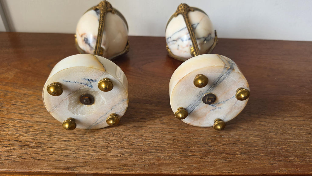 Pair Antique French Marble & Bronze Urns Neoclassical Cassolettes Empire Garniture Mantel Decor Lidded Decorative Urns