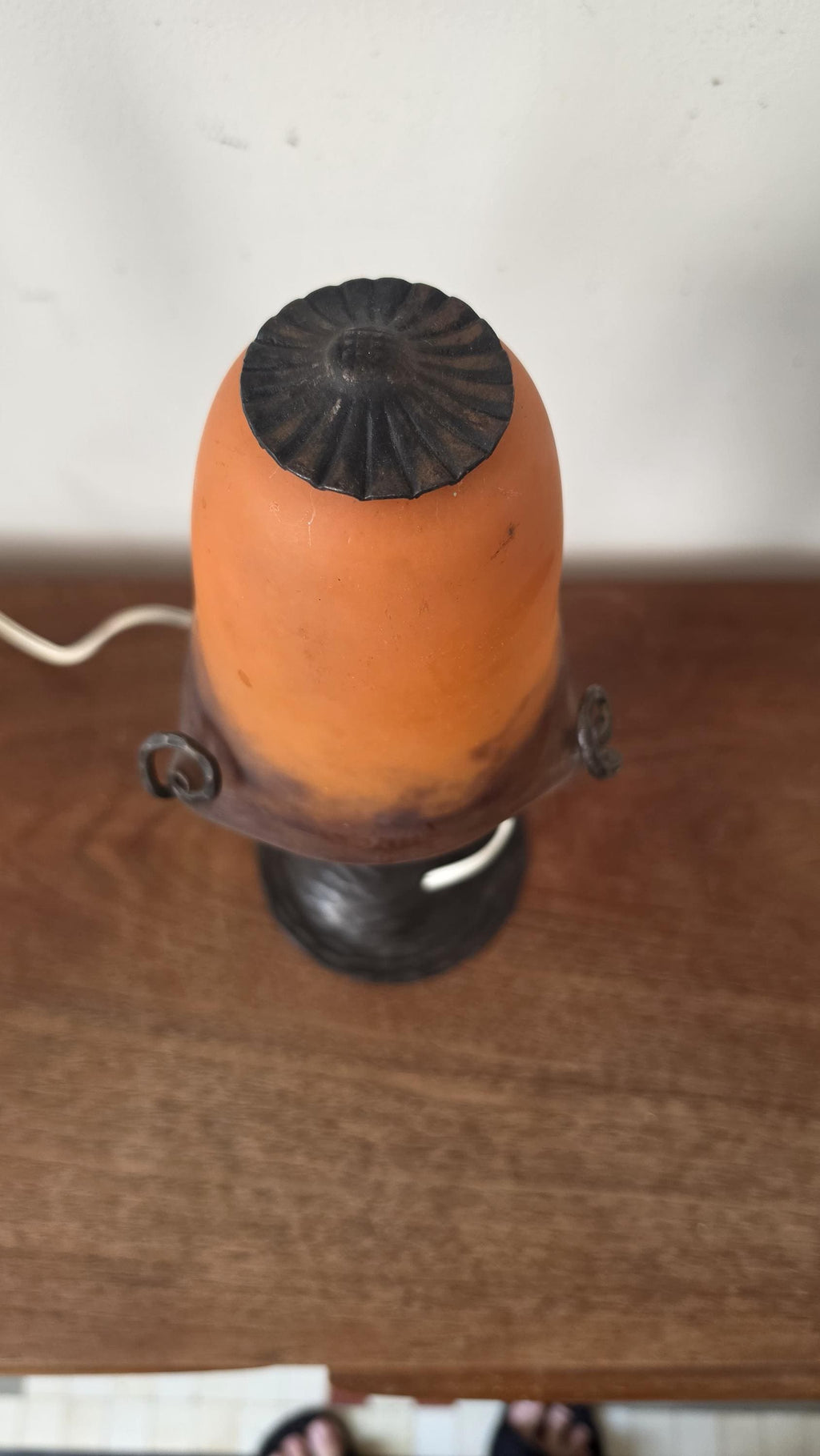 Degué Art Deco Table Lamp 1930s Signed French Glass Wrought Iron Orange Accent Light Antique French Lighting