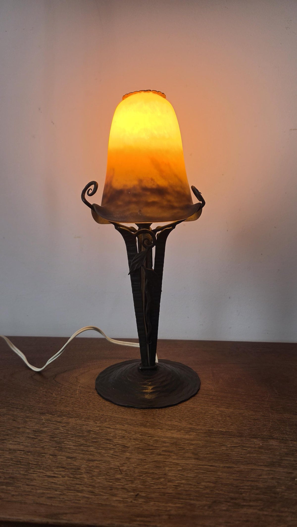 Degué Art Deco Table Lamp 1930s Signed French Glass Wrought Iron Orange Accent Light Antique French Lighting