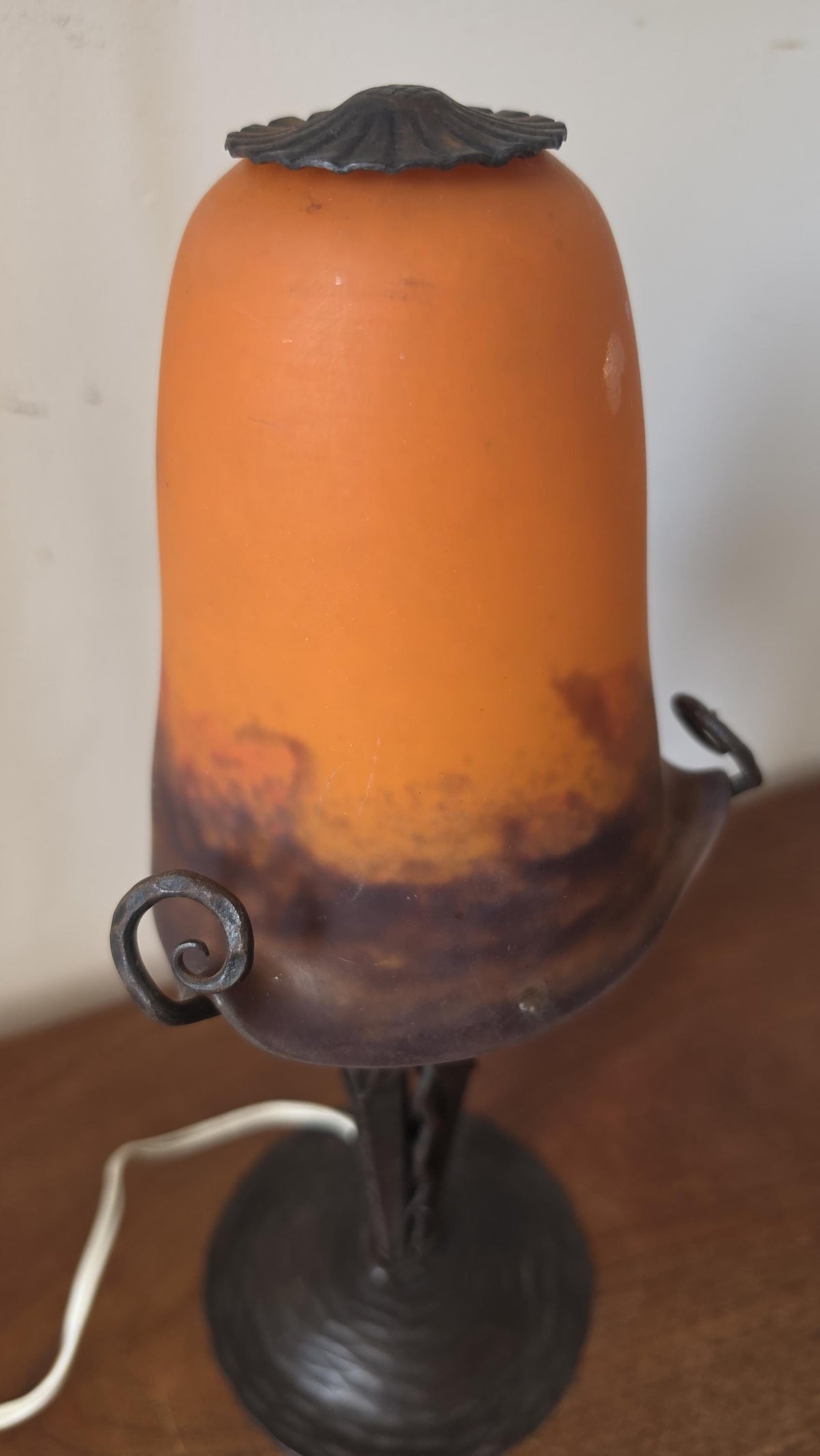 Degué Art Deco Table Lamp 1930s Signed French Glass Wrought Iron Orange Accent Light Antique French Lighting