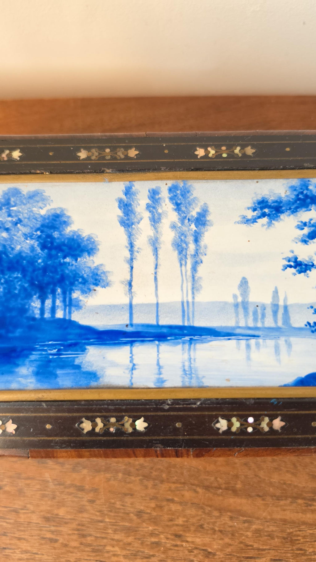 Antique Victorian Jewelry Box Blue Porcelain Landscape Inlay Mother of Pearl Marquetry Wood Trinket Casket