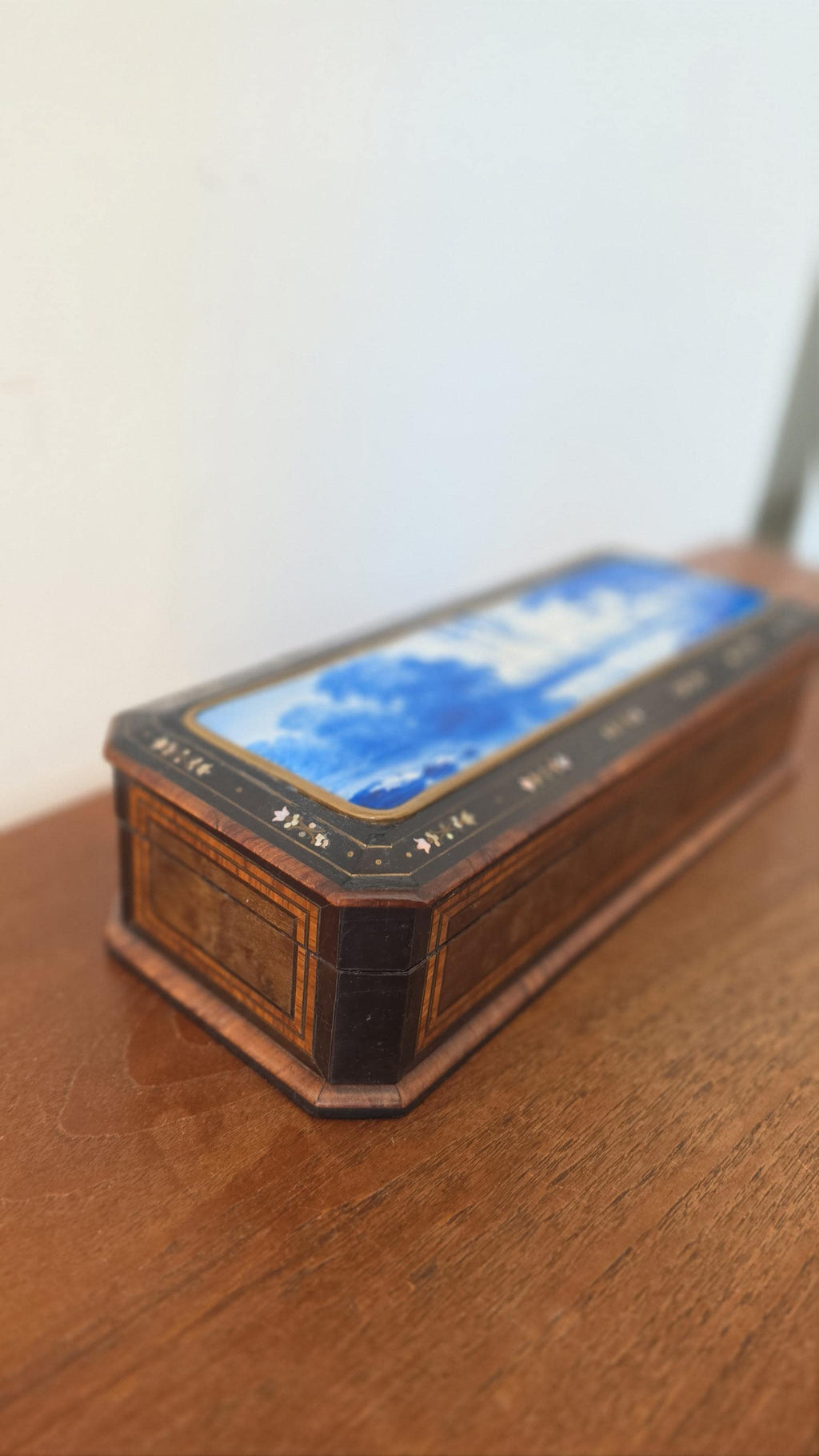 Antique Victorian Jewelry Box Blue Porcelain Landscape Inlay Mother of Pearl Marquetry Wood Trinket Casket