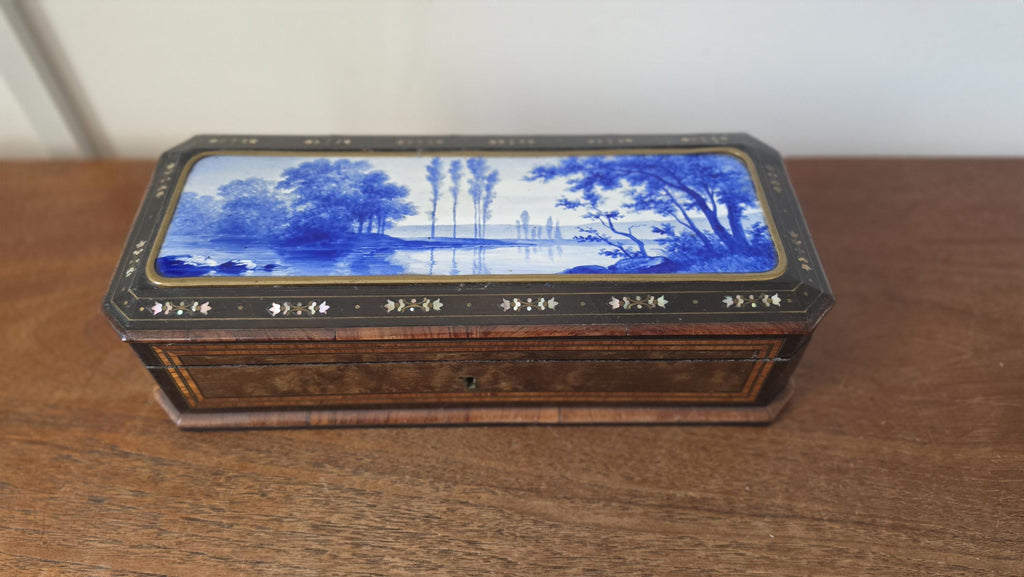 Antique Victorian Jewelry Box Blue Porcelain Landscape Inlay Mother of Pearl Marquetry Wood Trinket Casket