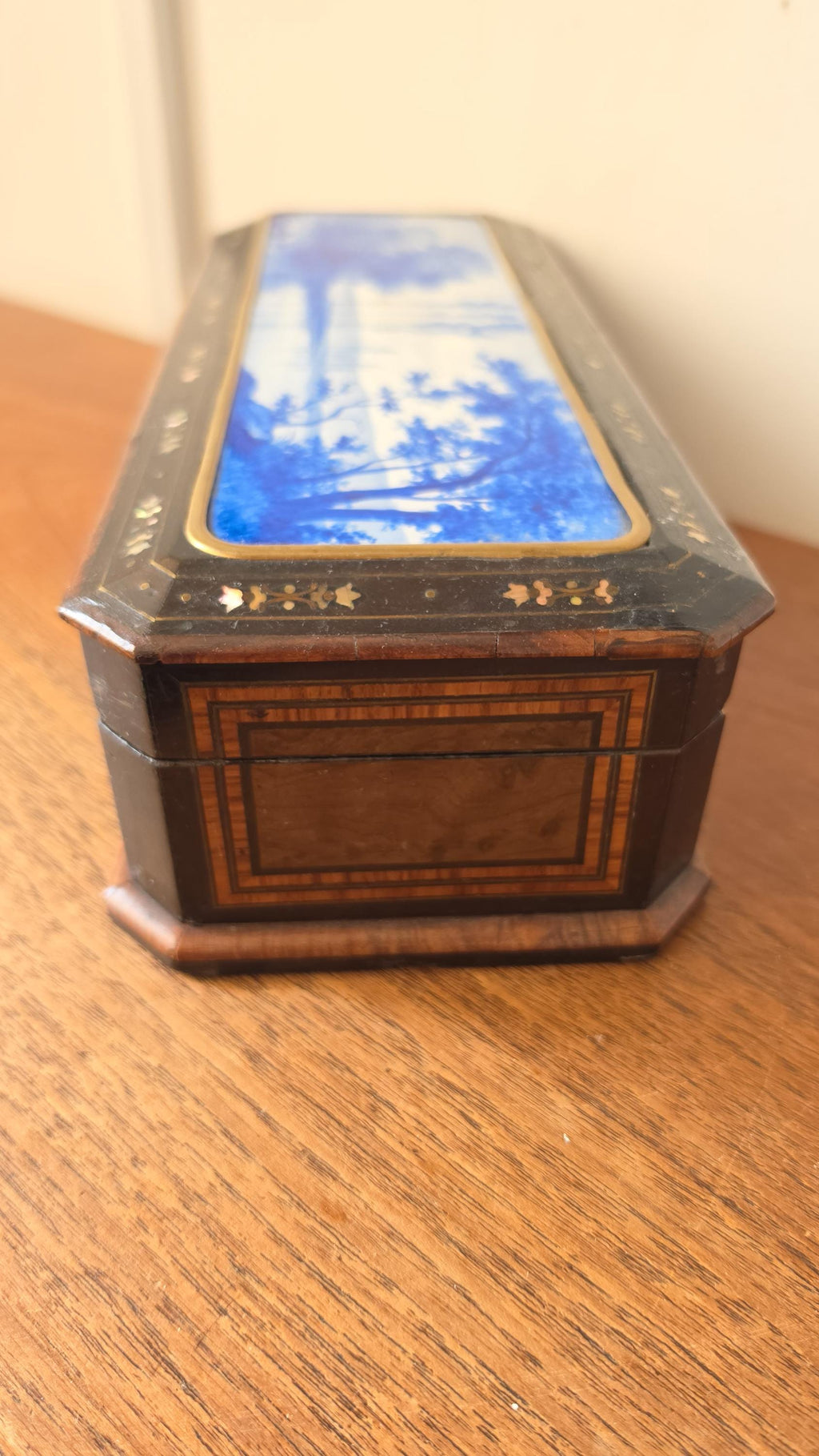 Antique Victorian Jewelry Box Blue Porcelain Landscape Inlay Mother of Pearl Marquetry Wood Trinket Casket