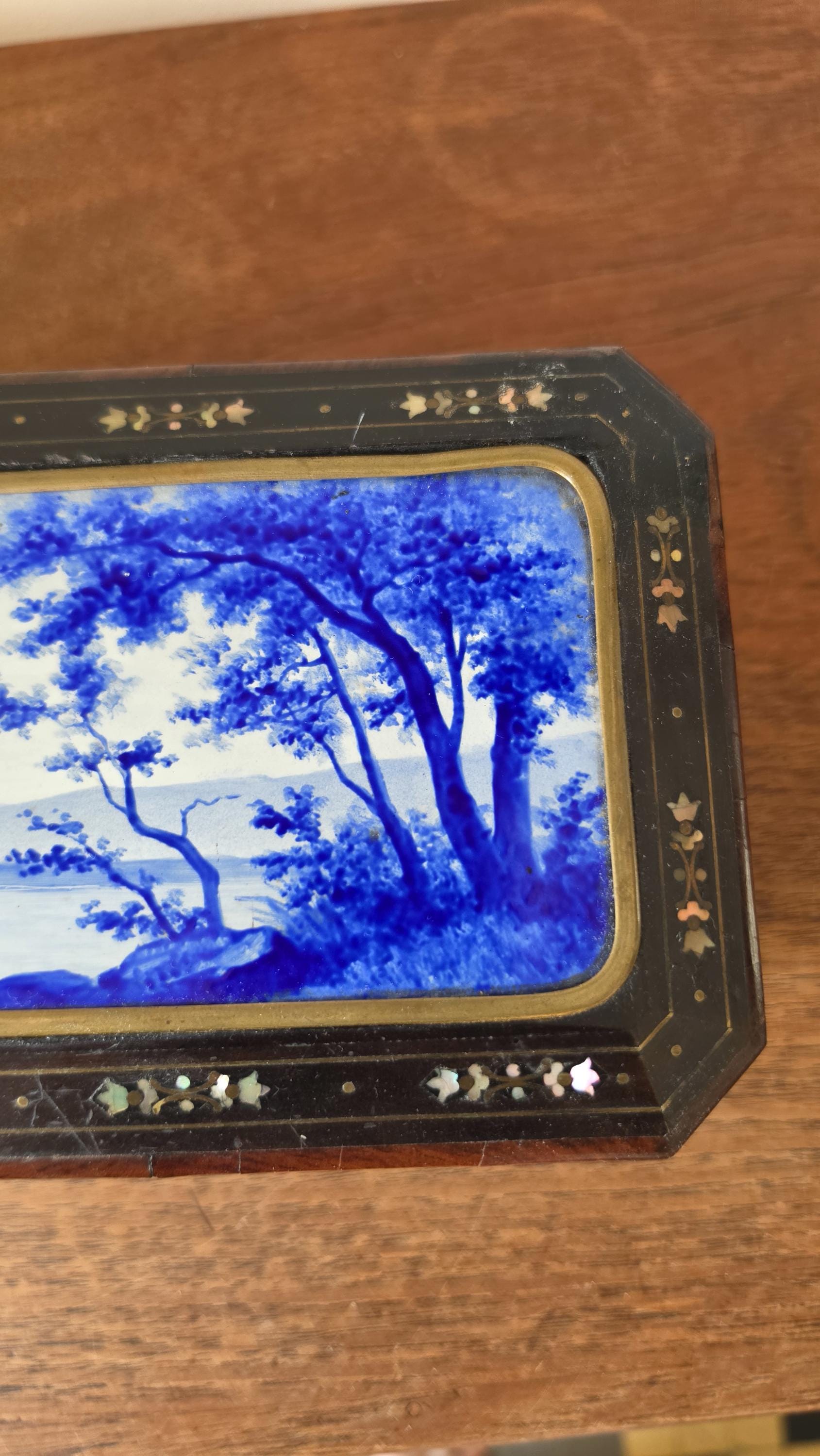 Antique Victorian Jewelry Box Blue Porcelain Landscape Inlay Mother of Pearl Marquetry Wood Trinket Casket