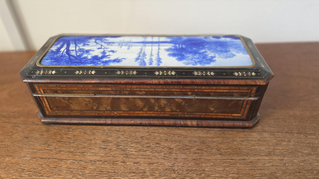 Antique Victorian Jewelry Box Blue Porcelain Landscape Inlay Mother of Pearl Marquetry Wood Trinket Casket