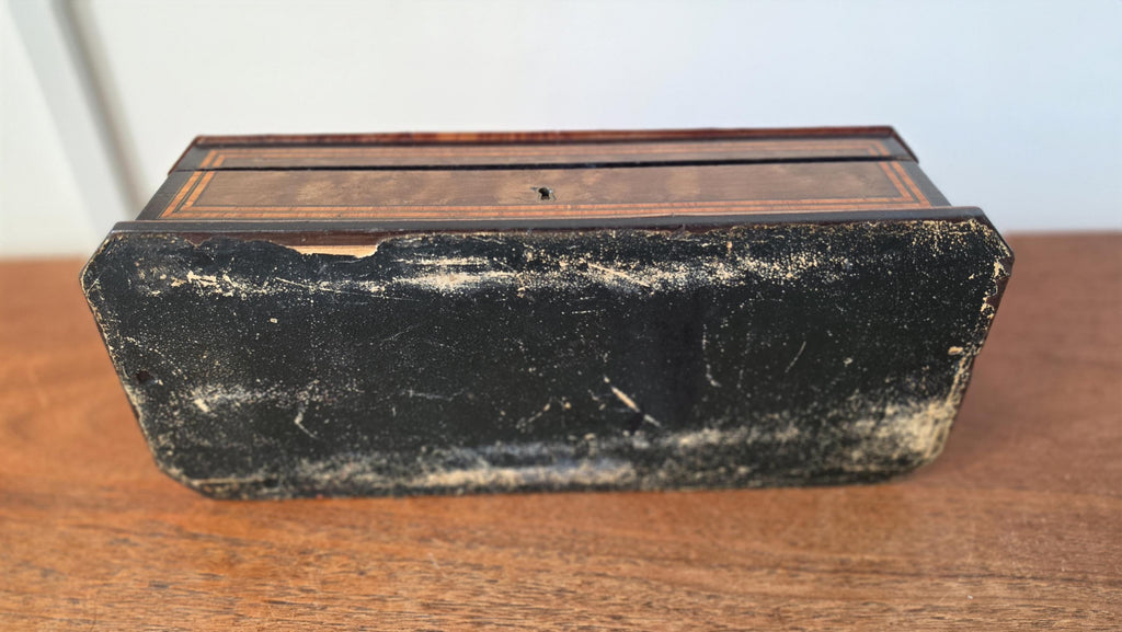 Antique Victorian Jewelry Box Blue Porcelain Landscape Inlay Mother of Pearl Marquetry Wood Trinket Casket