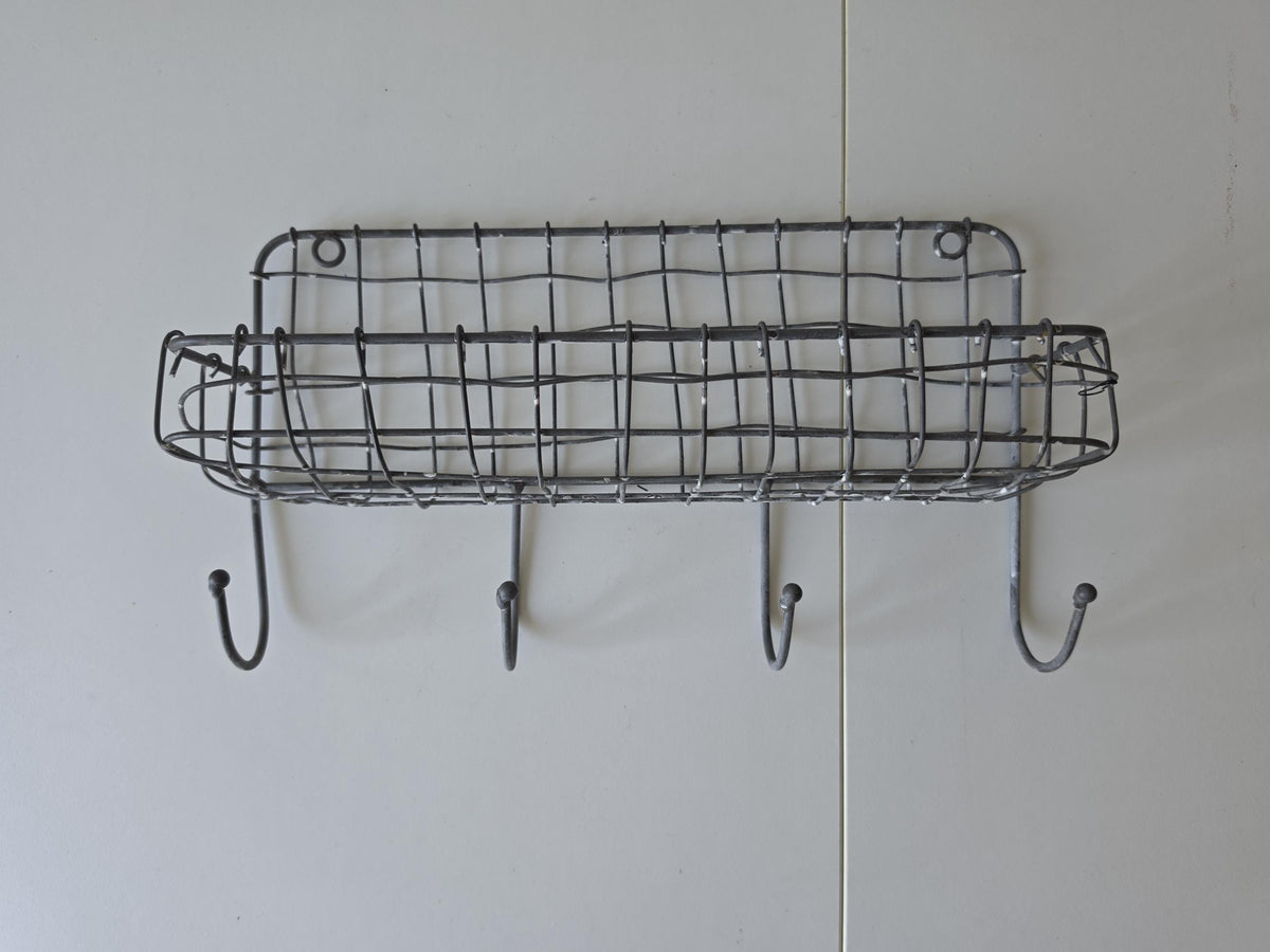 Vintage French Wire Wall Rack Metal Basket Coat Hooks Rustic Kitchen Bathroom Storage Organizer