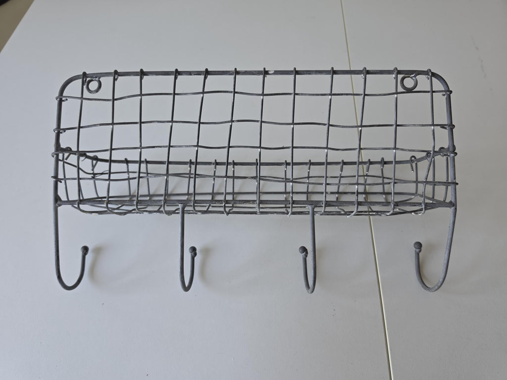 Vintage French Wire Wall Rack Metal Basket Coat Hooks Rustic Kitchen Bathroom Storage Organizer