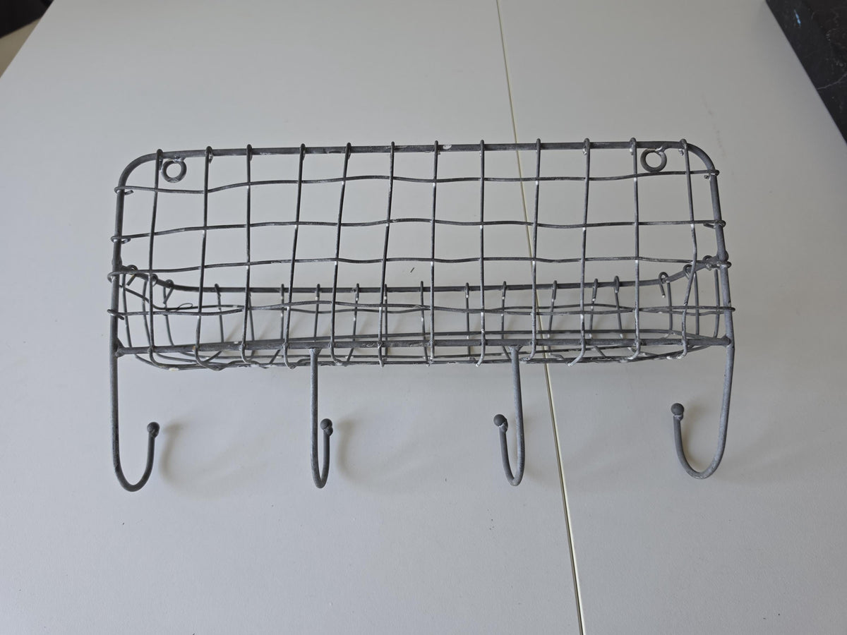 Vintage French Wire Wall Rack Metal Basket Coat Hooks Rustic Kitchen Bathroom Storage Organizer
