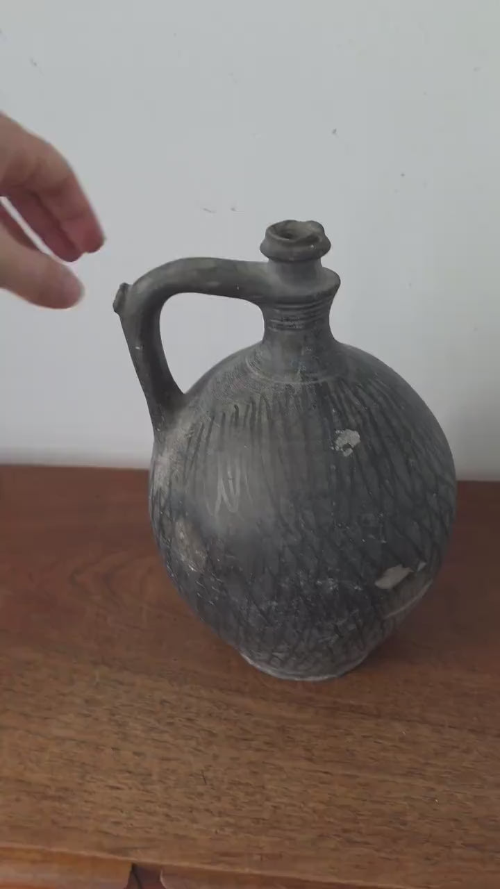 1930s Hungarian Black Pottery Jug Vase Hand Thrown Earthenware Vessel Rustic Folk Art Ceramic Pitcher Primitive Decor