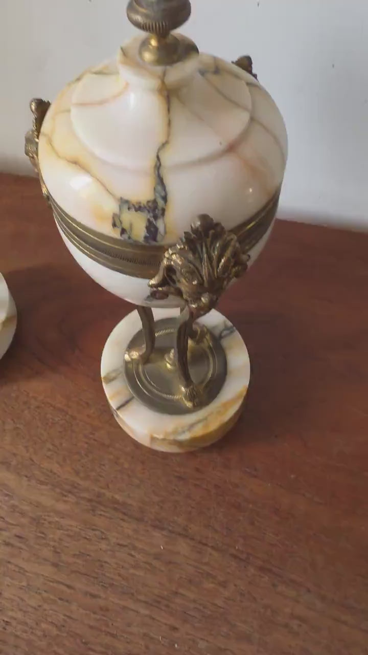 Pair Antique French Marble & Bronze Urns Neoclassical Cassolettes Empire Garniture Mantel Decor Lidded Decorative Urns