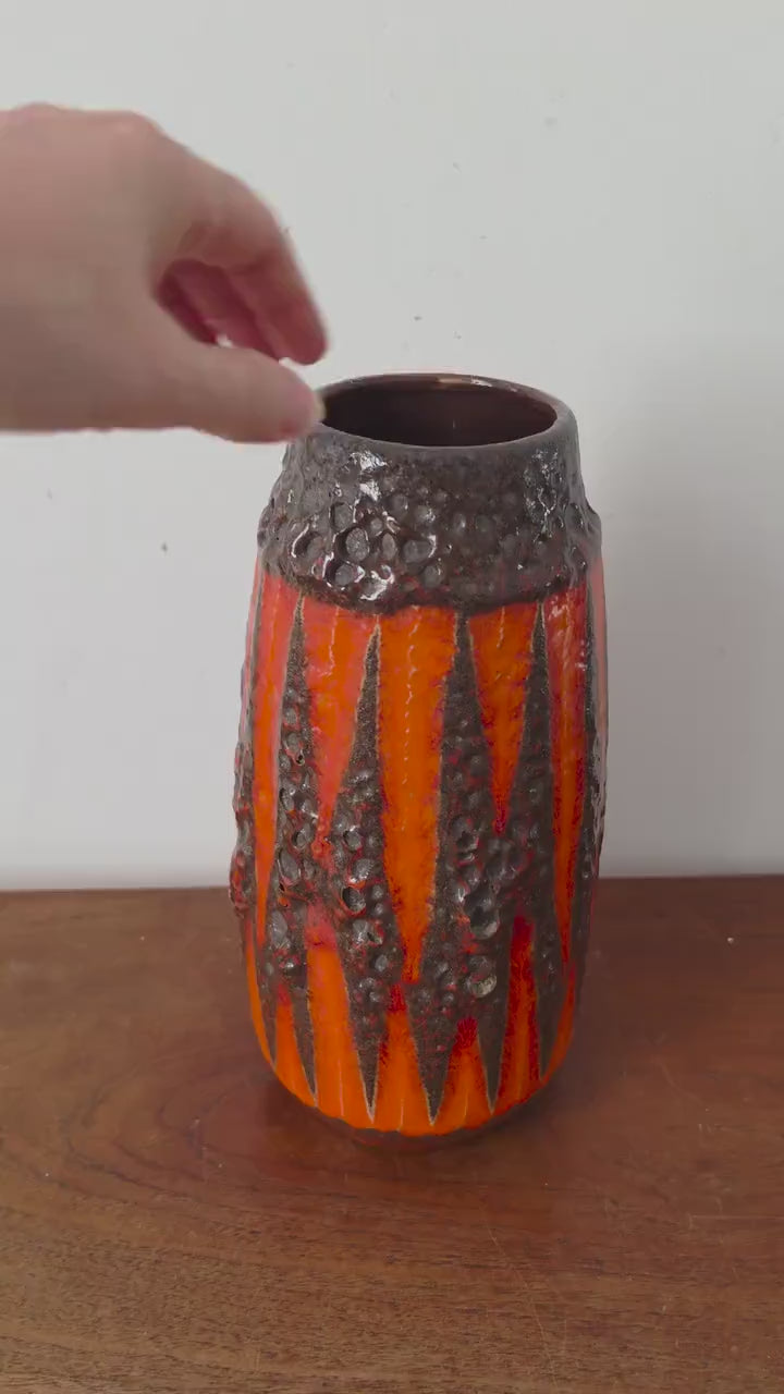 Vintage West German Pottery Vase, Lava Glaze Ceramic, Fat Lava Vase Orange Black, Mid Century Modern Decor, Scheurich Style Vase
