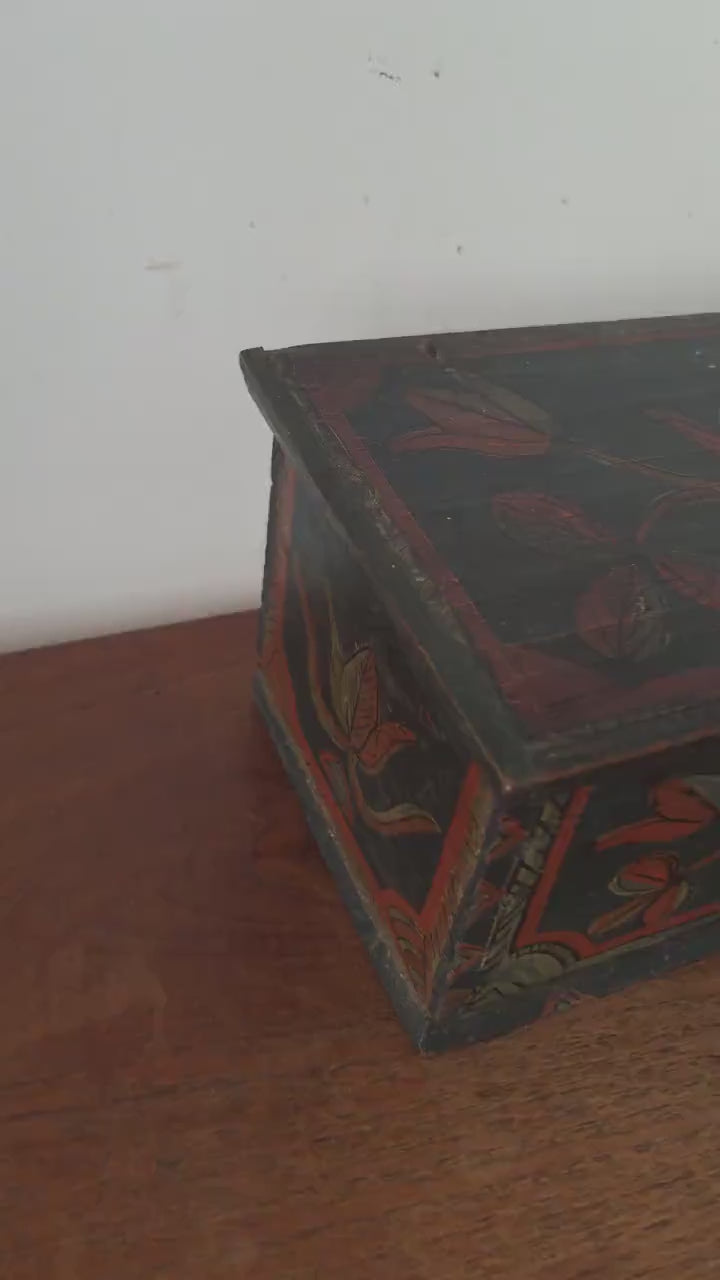18th Century Folk Art Painted Wooden Box Antique Hand Painted Keepsake Chest Primitive Scandinavian Storage Box