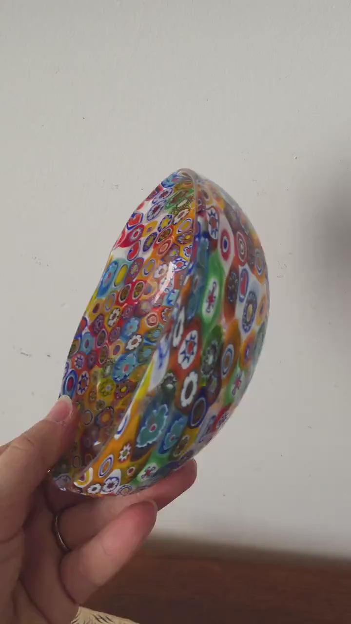 Vintage Murano Millefiori Art Glass Bowl Italian Hand Blown Multicolor Mosaic Candy Dish Trinket Bowl Murrine Decor