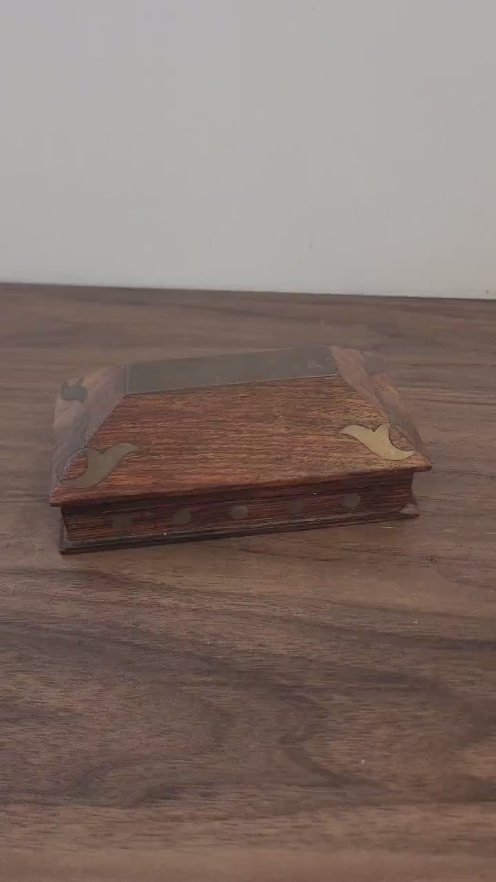 Vintage Wooden Box with Brass Inlay | Handcrafted Trinket or Jewelry Box