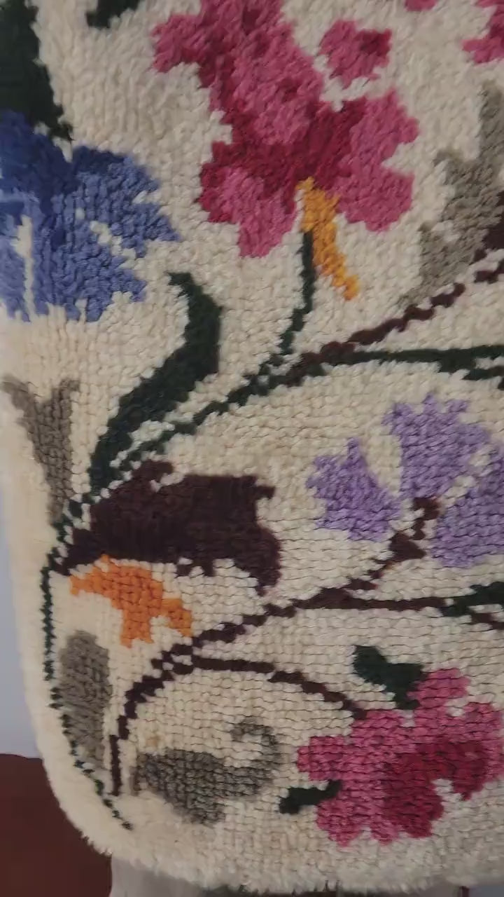 Vintage Wool Floral Rug | Handwoven Wall Tapestry | Mid Century Botanical Rya Rug | Colorful Scandinavian Wool Art Textile