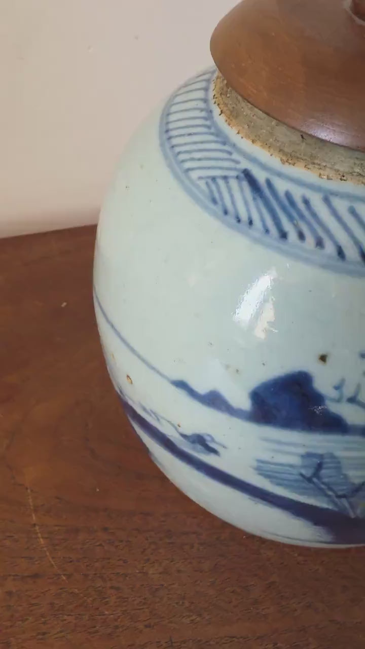 19th Century Qing Dynasty Ginger Jar Blue & White Chinese Porcelain Antique Tea Caddy Covered Jar Chinoiserie Decor