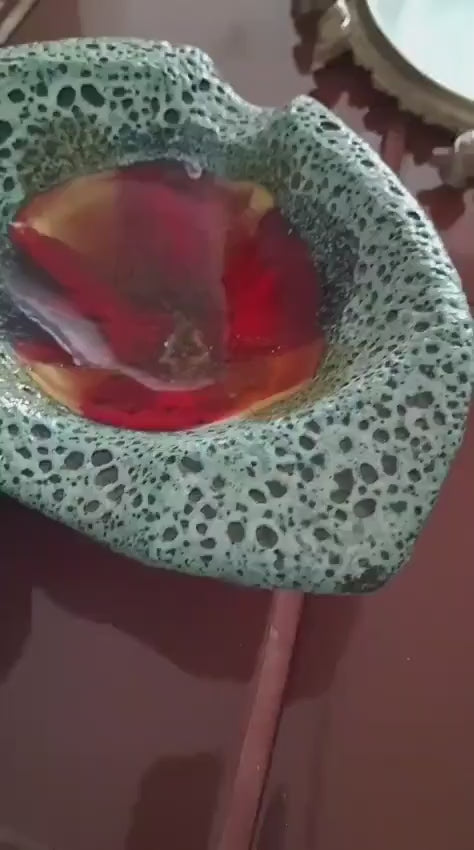 Vintage Vallauris Style Lava Glaze Bowl, Mid Century French Art Pottery Dish, Turquoise Speckled Ceramic with Red Center