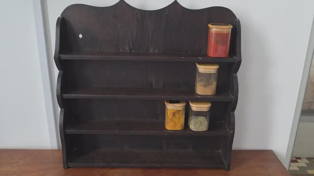 Vintage Wooden Wall Shelf, Cottage Style Spice Rack, Dark Wood Display Shelf, Rustic Wall Mounted Shelving, Farmhouse Kitchen Organizer
