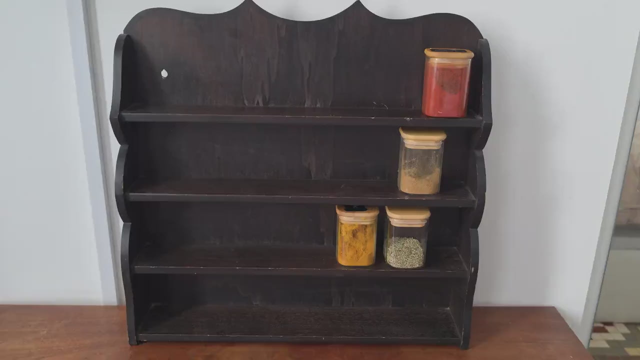 Vintage Wooden Wall Shelf, Cottage Style Spice Rack, Dark Wood Display Shelf, Rustic Wall Mounted Shelving, Farmhouse Kitchen Organizer