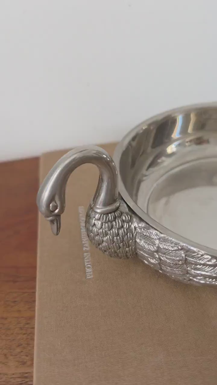 Vintage Silver Plated Swan Handle Bowl, Art Deco Decorative Dish, Hollywood Regency Centerpiece, Elegant Table Decor