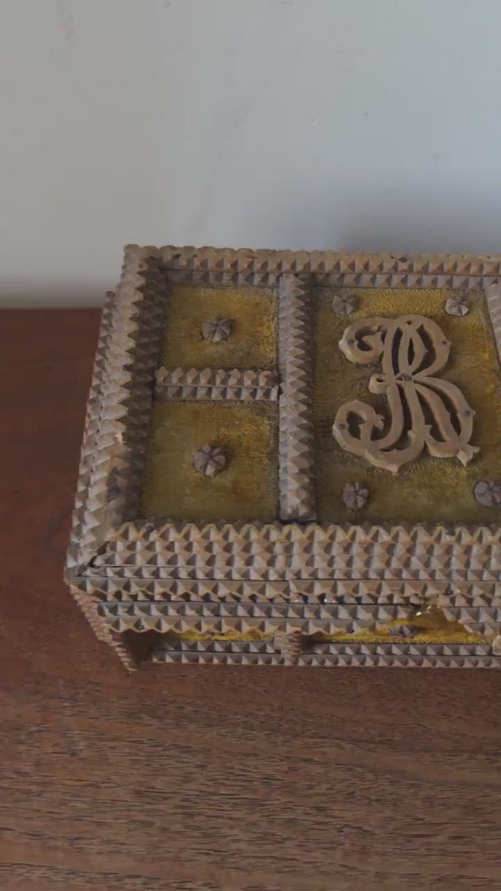 Antique Tramp Art Box Hand Carved Folk Art Keepsake Box Monogram R Velvet Jewelry Box Primitive Wooden Storage Decor