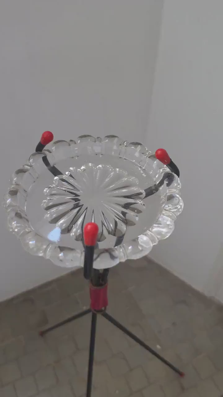 Vintage Val Saint Lambert Floor Ashtray Stand, Belgian Crystal Ashtray on Atomic Tripod Stand, Mid Century Modern Decor