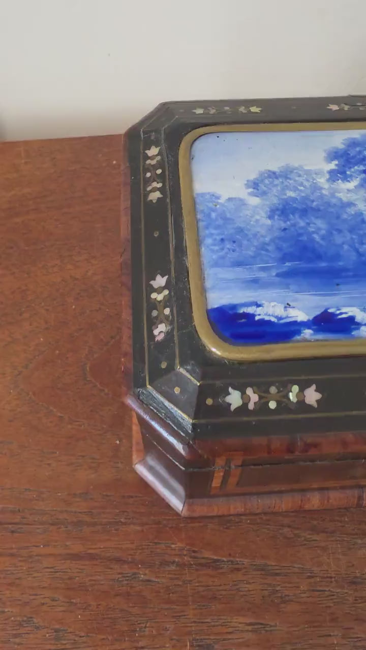 Antique Victorian Jewelry Box Blue Porcelain Landscape Inlay Mother of Pearl Marquetry Wood Trinket Casket