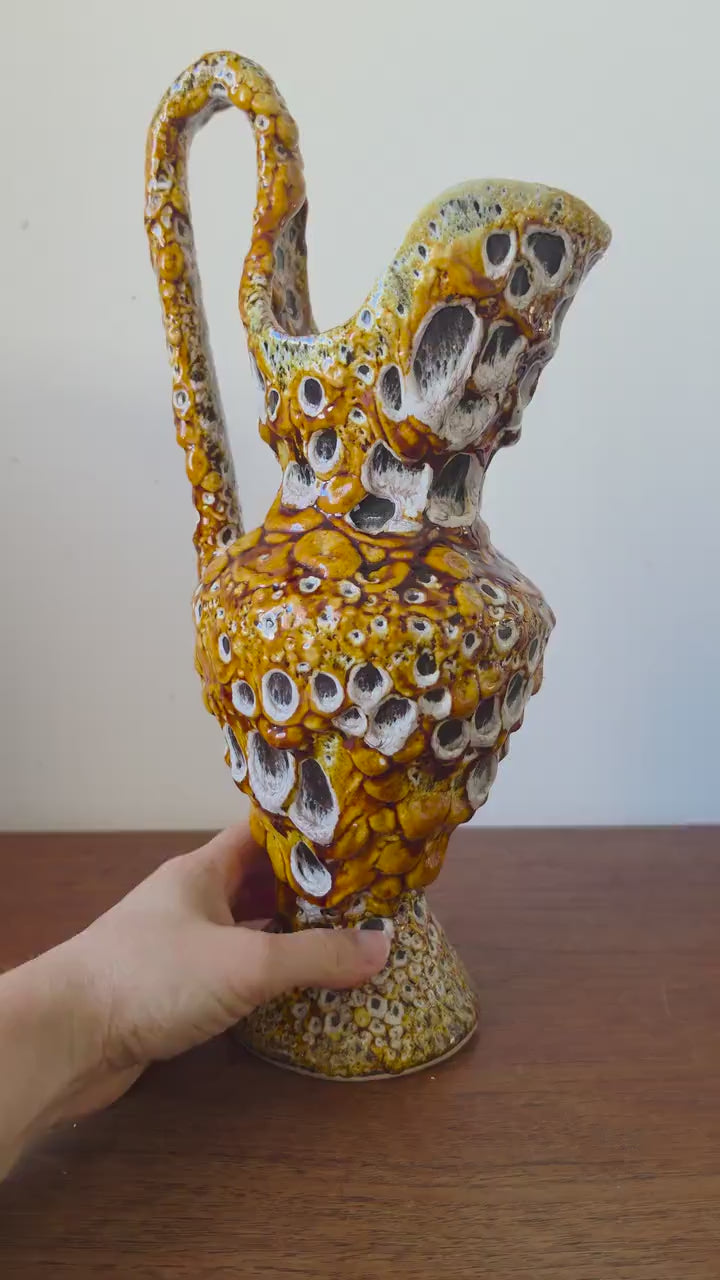 Vintage West German Fat Lava Ewer Vase, Mid Century Modern Ceramic Pitcher, Textured Drip Glaze, 1970s Studio Pottery
