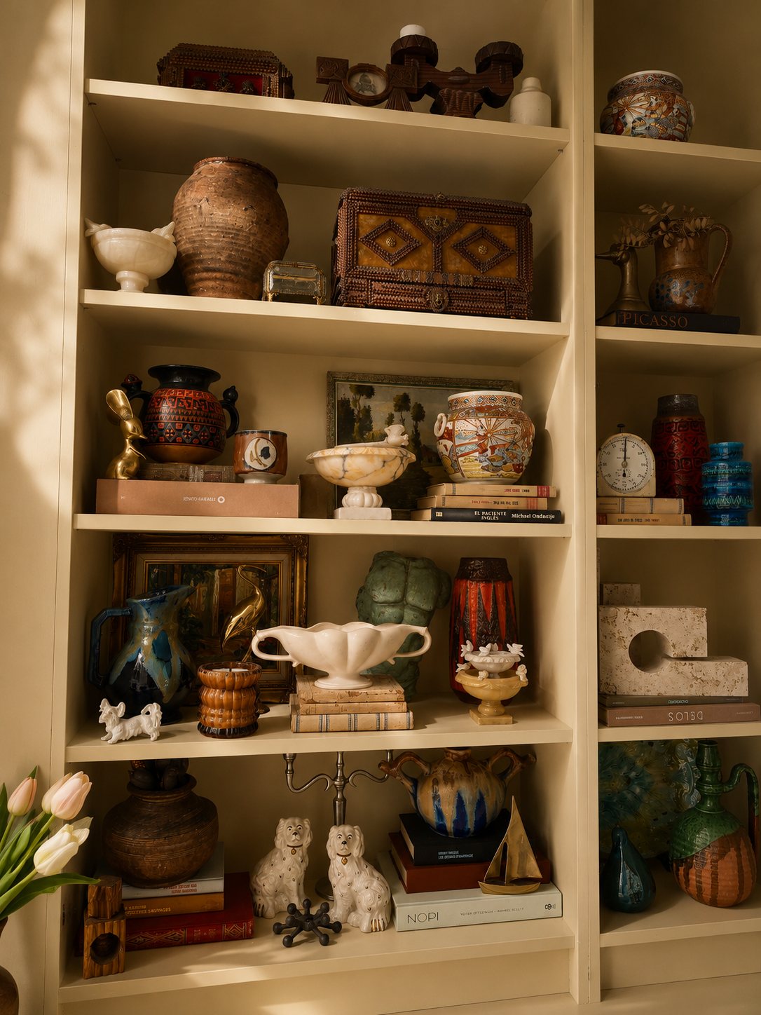 Styled bookshelf with curated vintage objects and framed art